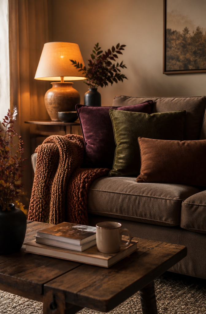 A cozy sofa adorned with rich-colored pillows and a chunky knit throw.