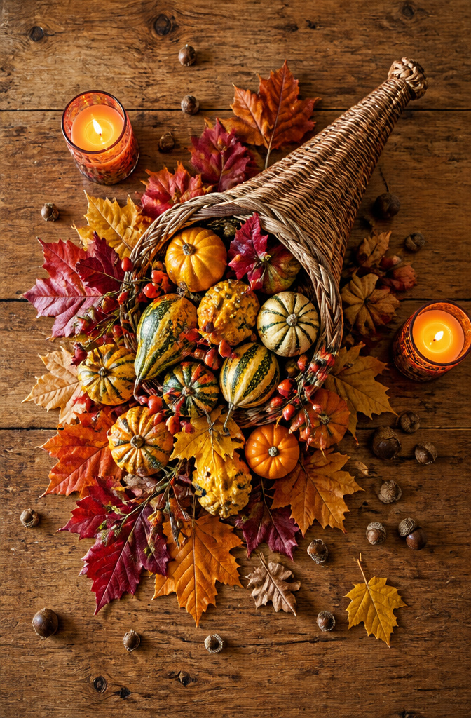 A cornucopia filled with foliage and seasonal produce on a table.