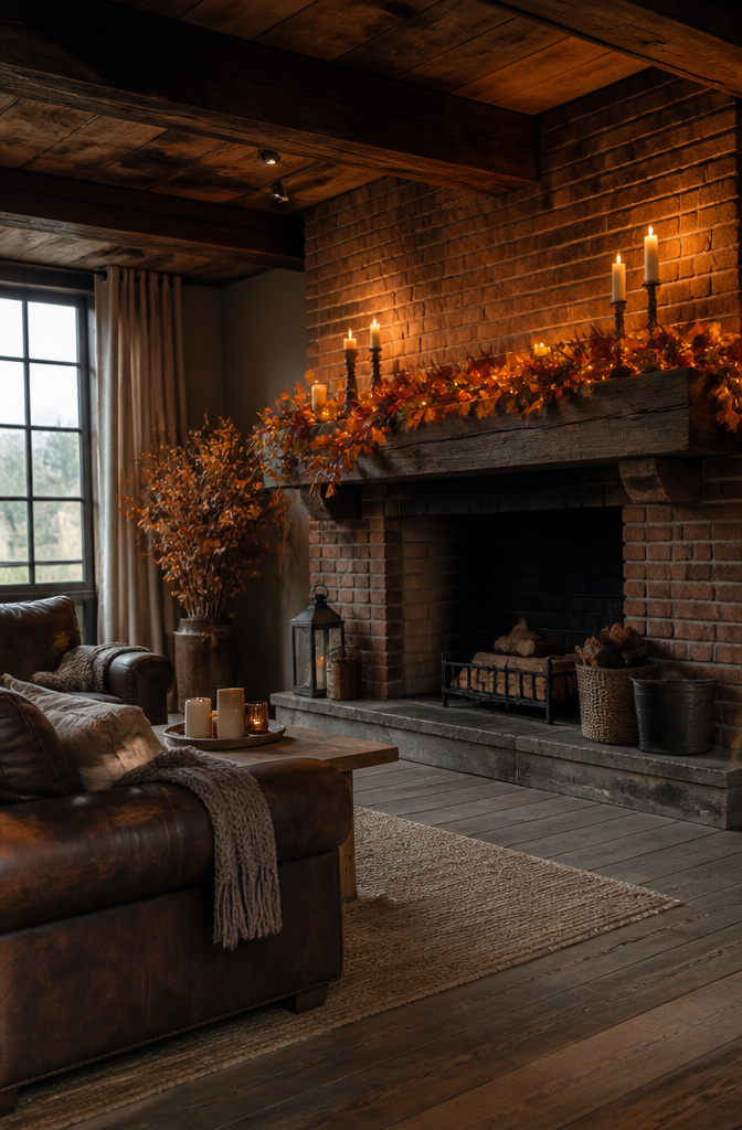 A strand of fall leaf lights draped along a mantel.