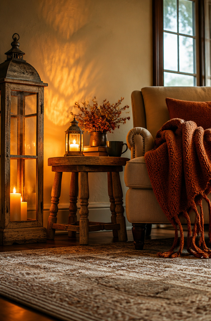 A tall lantern and a squat lantern on a side table.