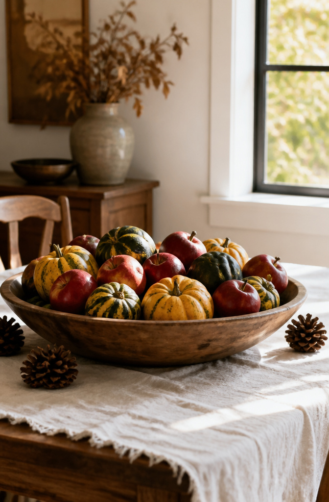 A bowl of gourds and small pumpkins on a kitchen table.