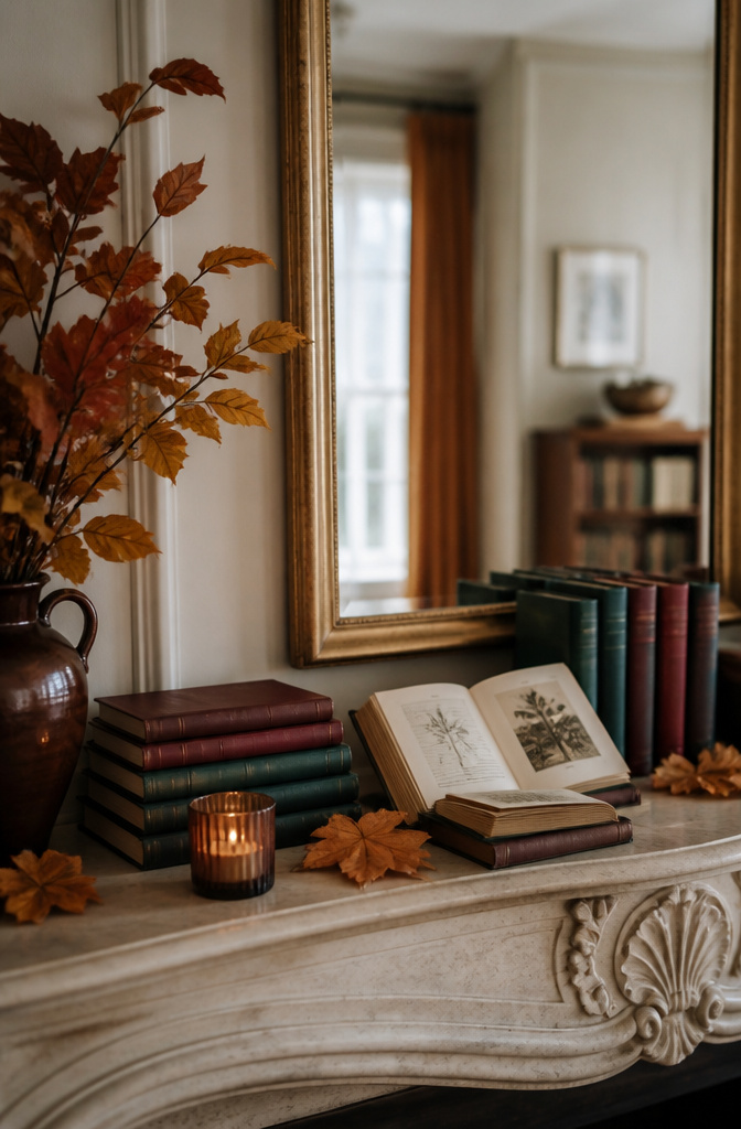 Stacked vintage books in burgundy and green on a mantel.