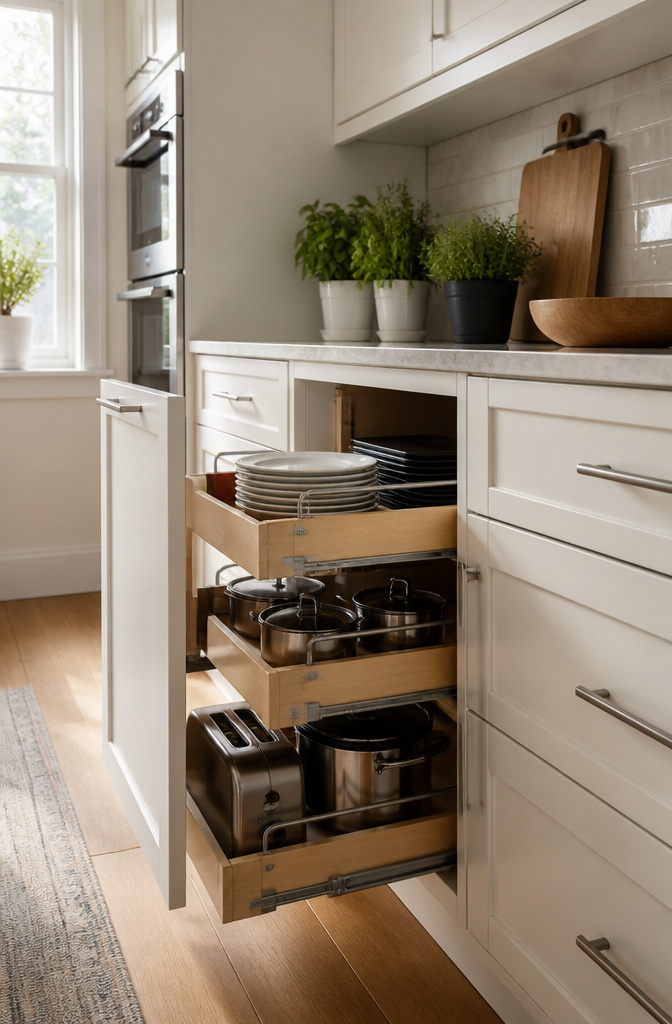 A cabinet with pull-out drawers holding pots and small appliances.