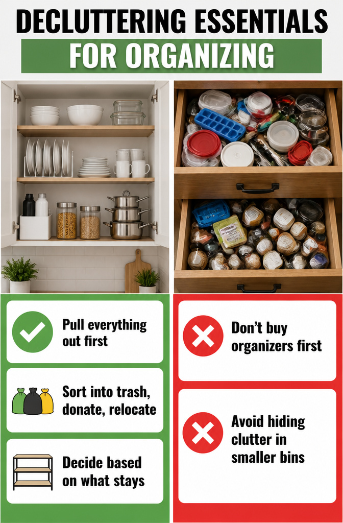 An organized kitchen drawer with assorted items for decluttering.