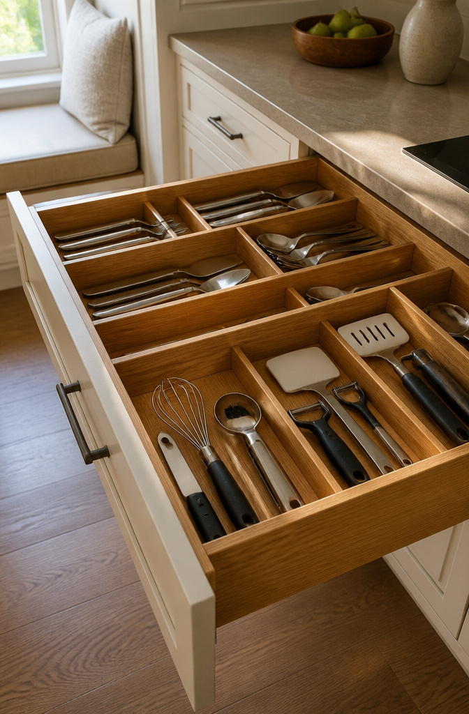 A drawer with custom wood dividers for kitchen utensils.