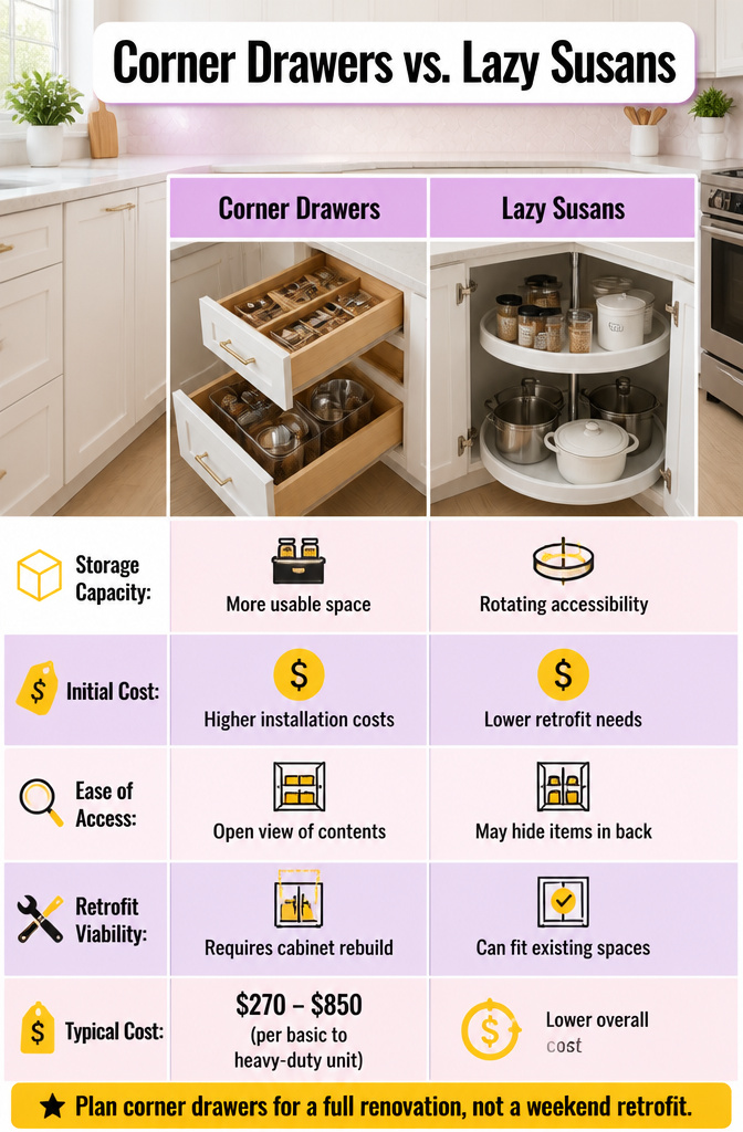 A corner drawer showcasing organized kitchen utensils and containers.