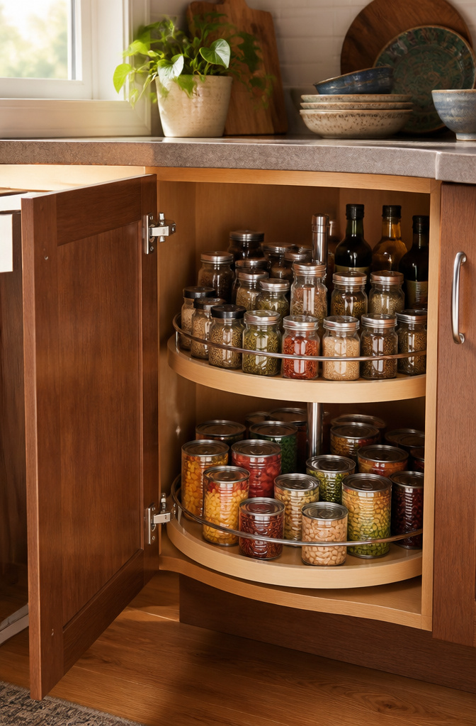 A corner cabinet with a Lazy Susan holding canned goods and pots.