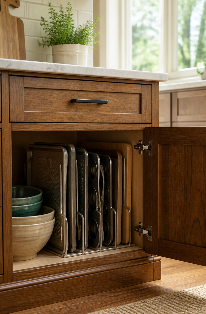 A cabinet with vertical dividers holding bakeware upright.