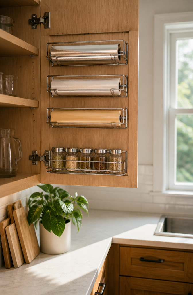 A cabinet door with mounted organizers for aluminum foil and spices.