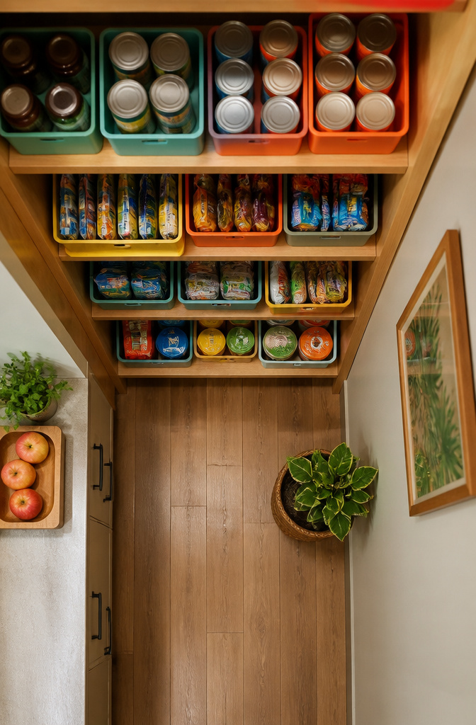 A cabinet with tiered shelves displaying canned goods.