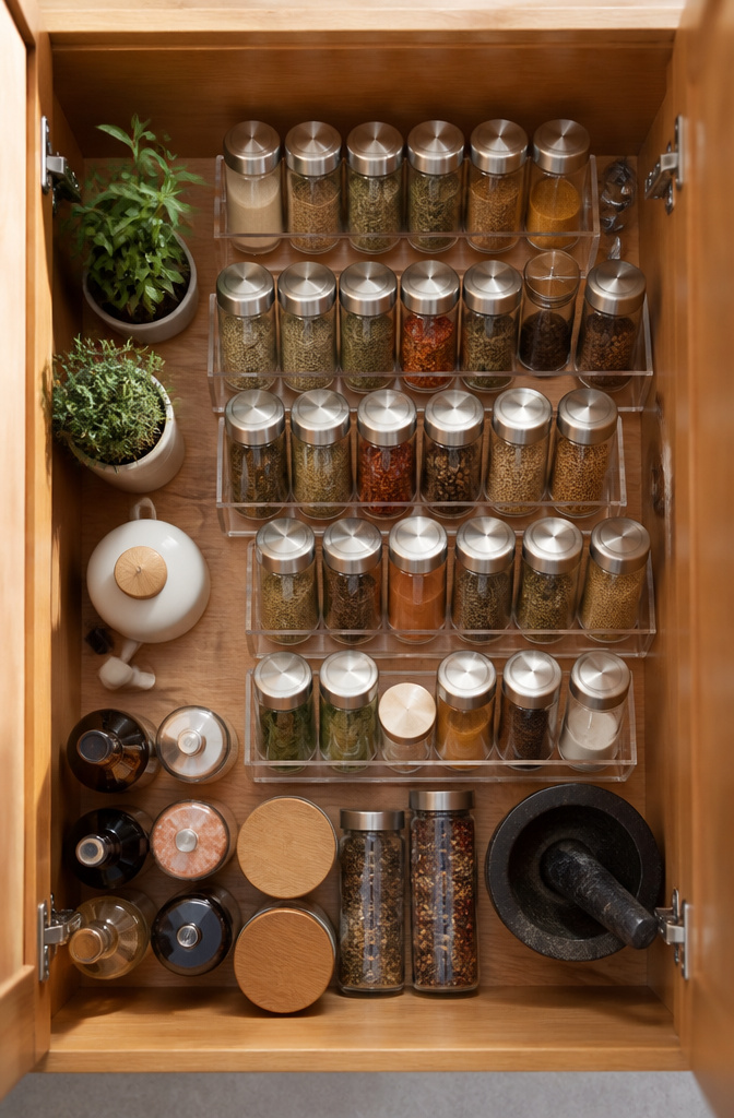 A cabinet with spice risers displaying jars in organized tiers.