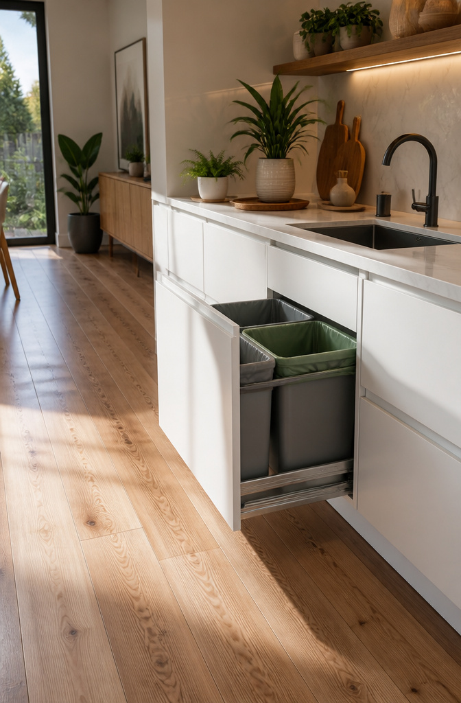 A pull-out cabinet holding two trash bins for waste and recycling.