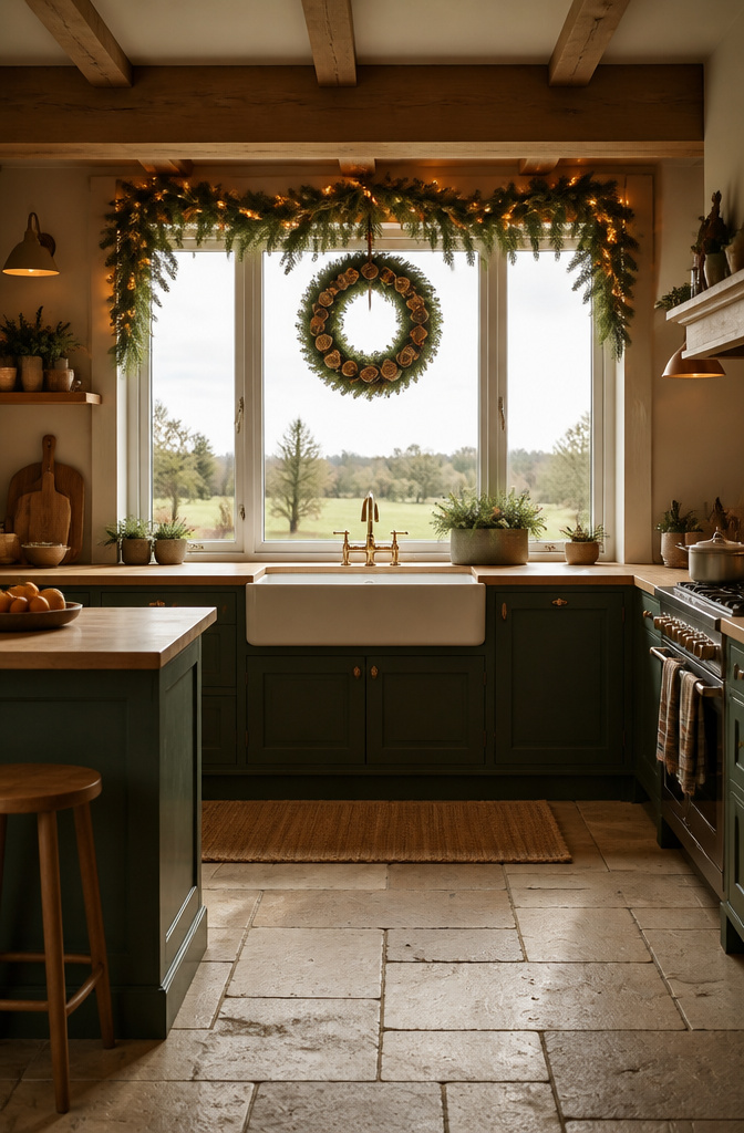 A garland and wreath hung in a kitchen window for decoration.