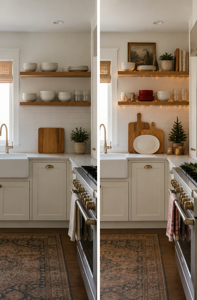 Decorative items and red dishes arranged on kitchen open shelving.