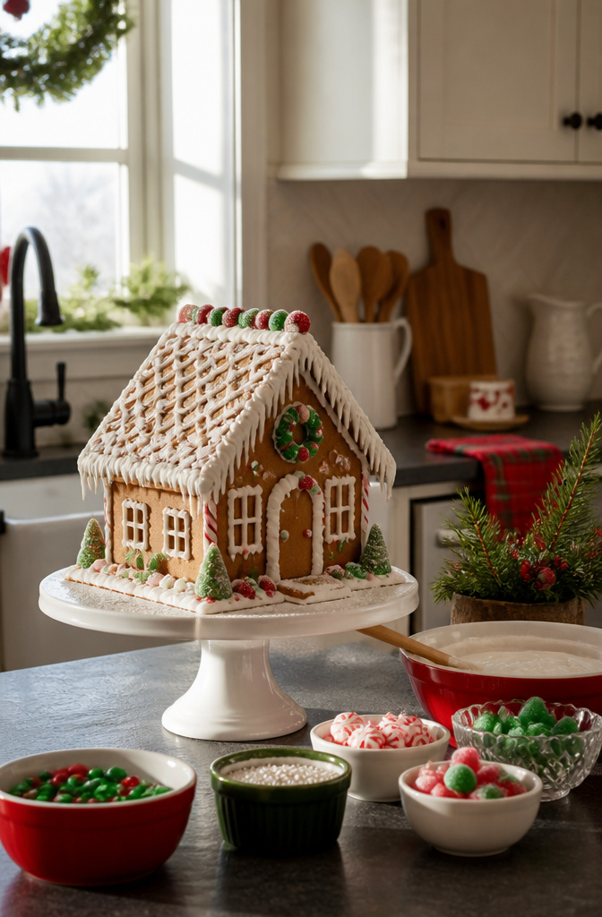 A gingerbread house on a cake stand with baking ingredients nearby.