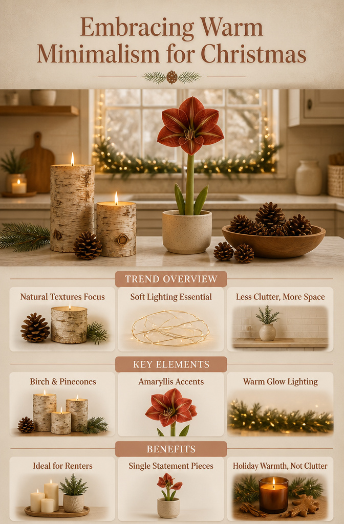 Decorative items embodying warm minimalism for Christmas in a kitchen.