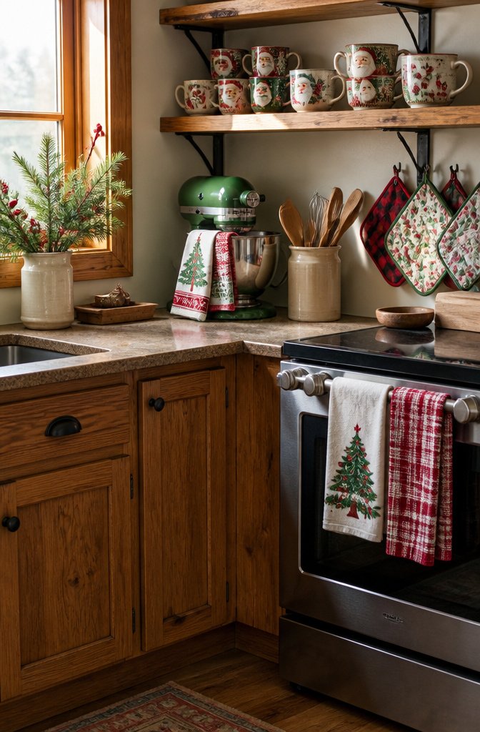 Dish towels with Christmas patterns on a kitchen counter.