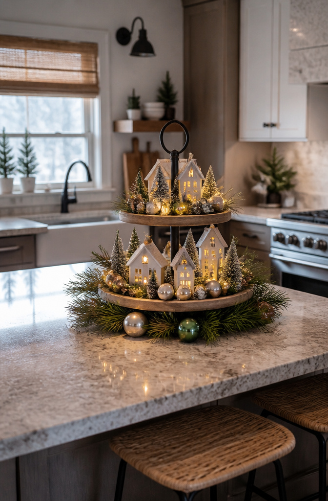 An elegant two-tiered tray with festive decorations on a kitchen island.