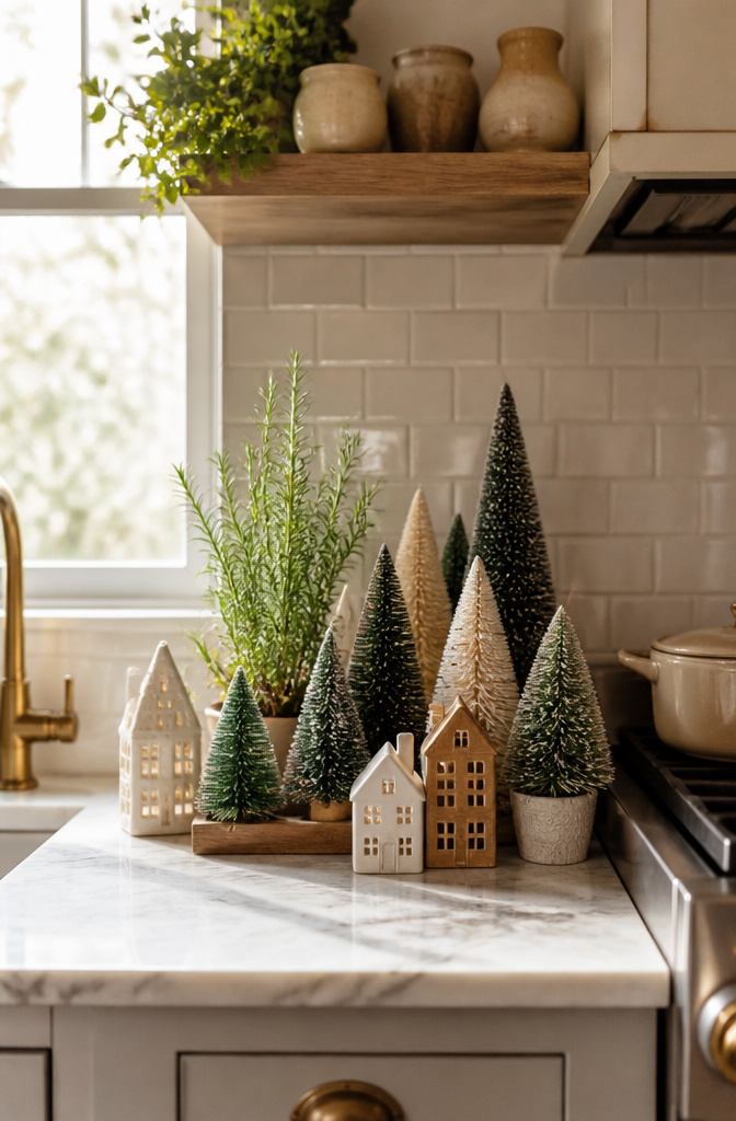 Mini Christmas trees and wooden houses arranged on a kitchen counter.
