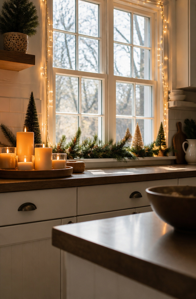 Fairy lights framing a kitchen window for festive decoration.
