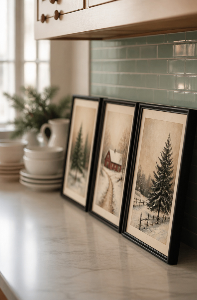 Christmas-themed printables displayed in frames on a kitchen wall.