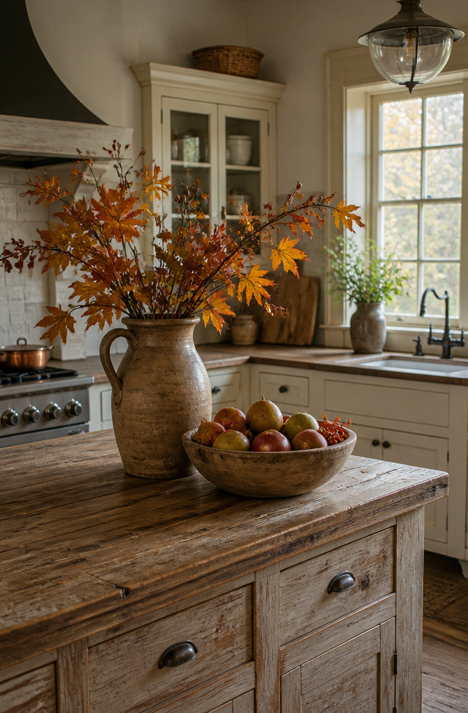 Branches and fruits arranged in a pitcher and bowl on a counter.