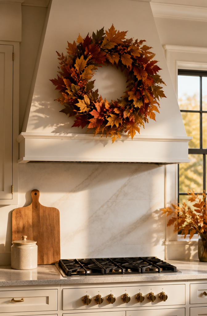 A fall wreath hanging above a stove hood in a kitchen.