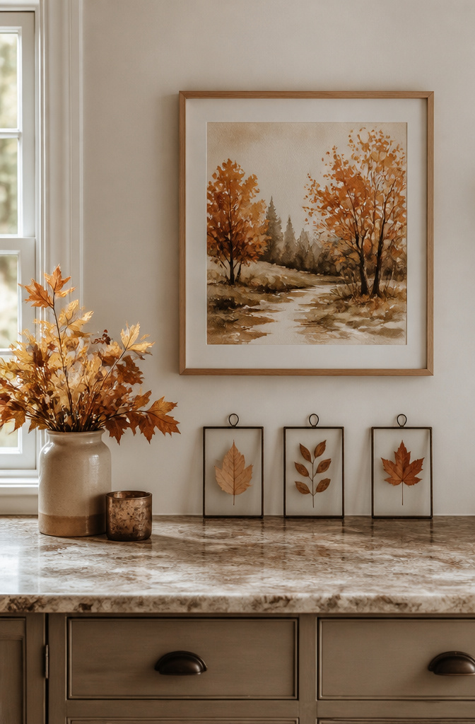 A frame with a watercolor print displayed on a kitchen wall.