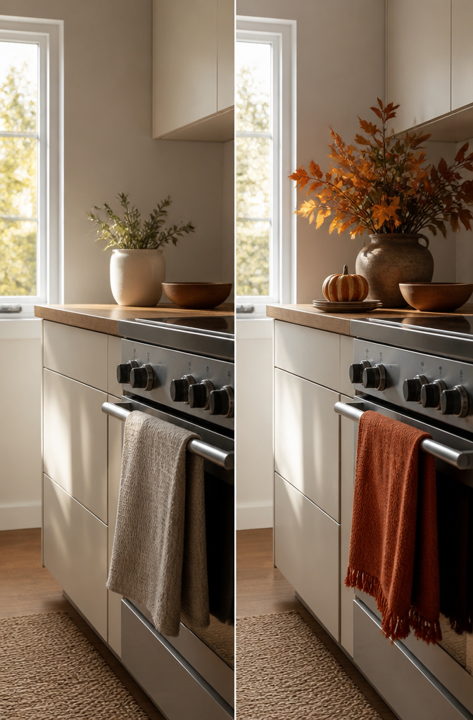 Dish towels in warm neutrals and orange hanging in a kitchen.
