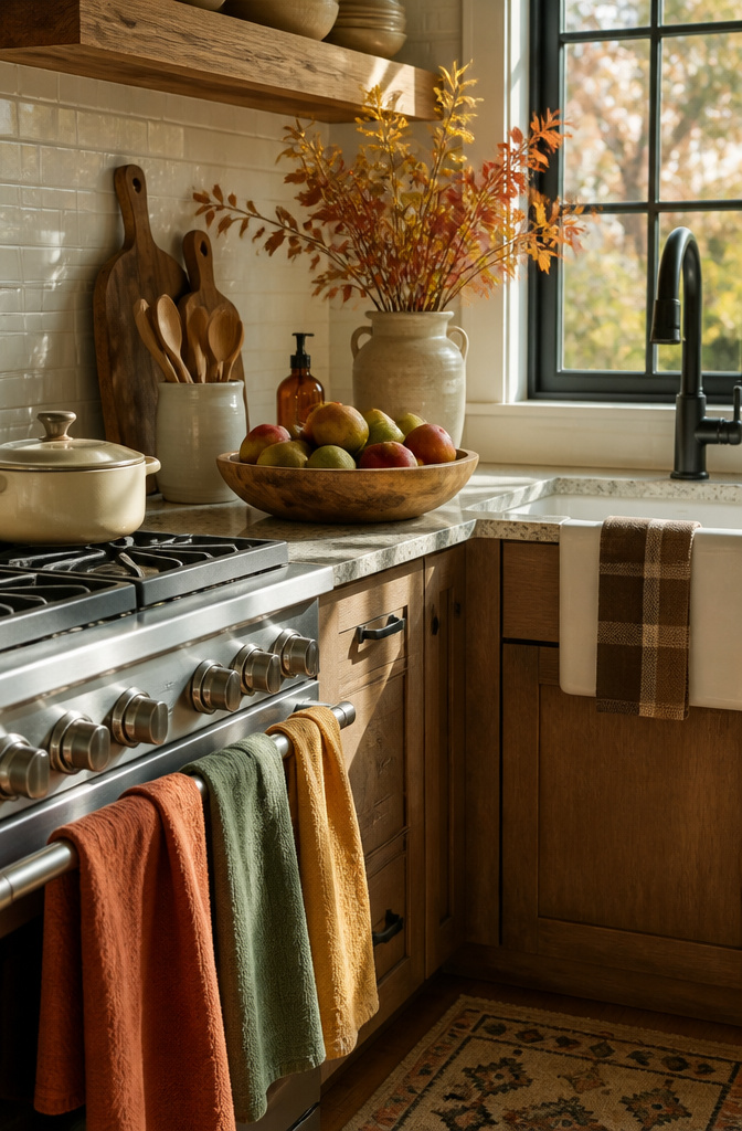 A wooden bowl with apples and seasonal dish towels on a counter.