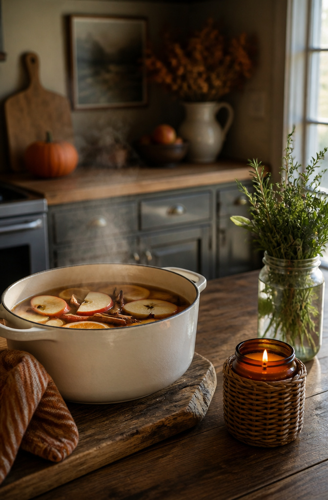 A simmer pot with apples and spices on a textured kitchen table.