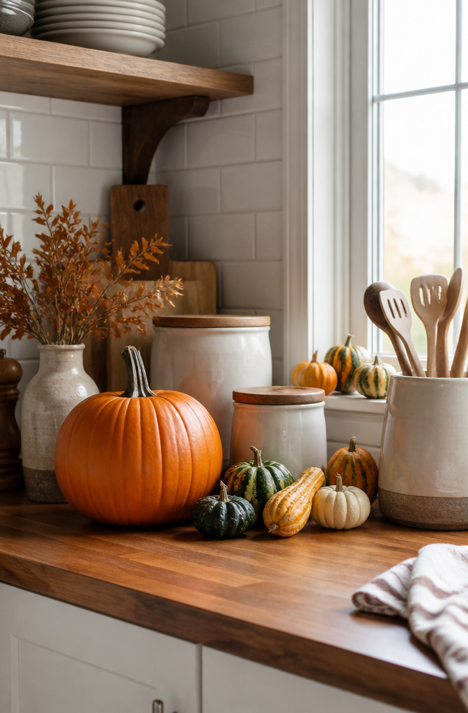 Real and faux pumpkins and gourds arranged on a kitchen counter.