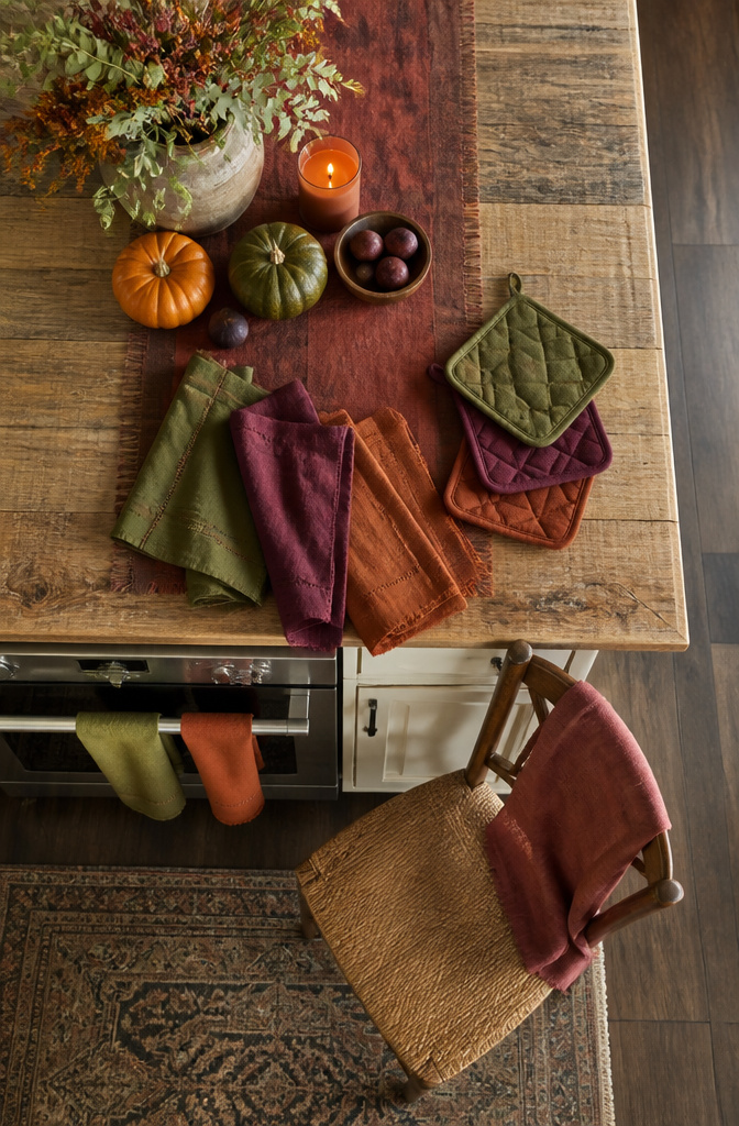 Rust and plum dish towels hanging from the oven handle in a kitchen.