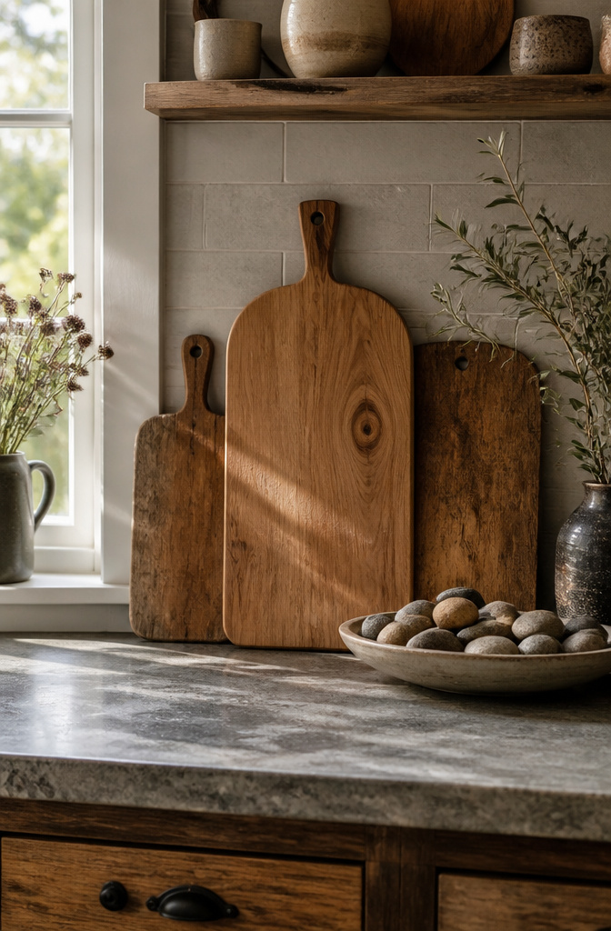 A wooden cutting board and river stones on a kitchen counter.