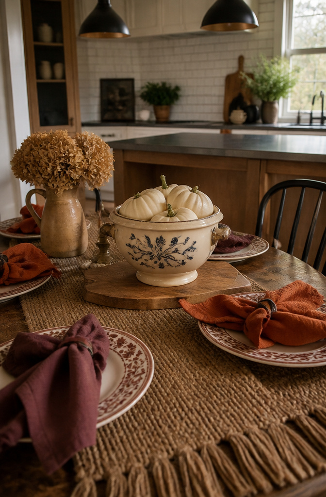 A fall table setting with a runner, cloth napkins, and white pumpkins.