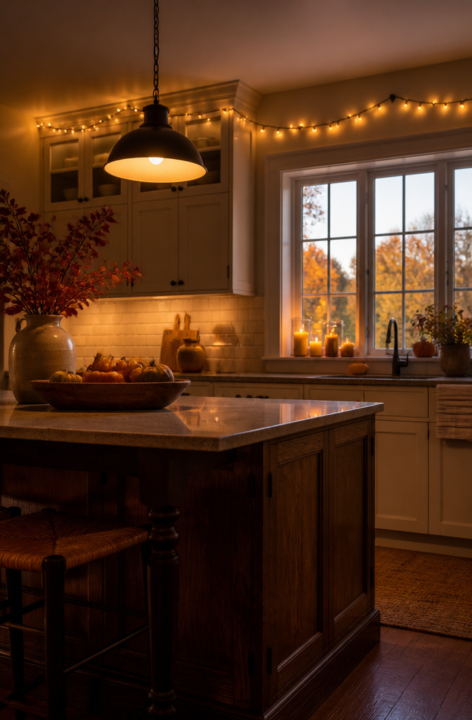 Soft lighting with battery-operated candles and string lights in a kitchen.