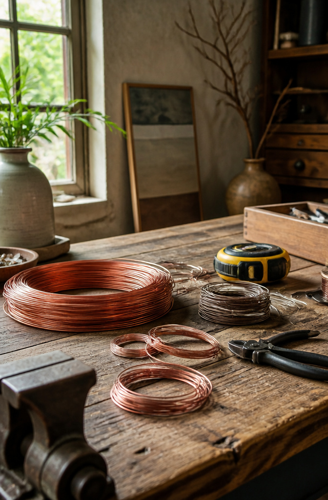 Different gauges of copper wire laid out on a wooden workbench.