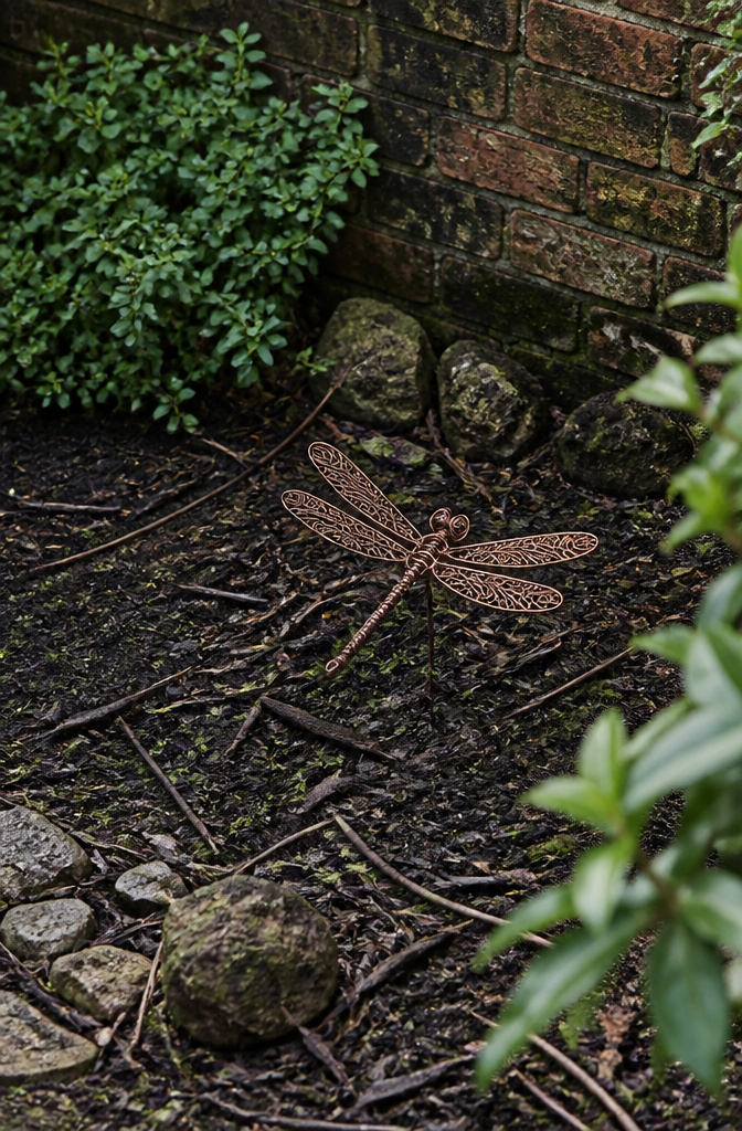 A sealed copper dragonfly sculpture on a wooden surface.