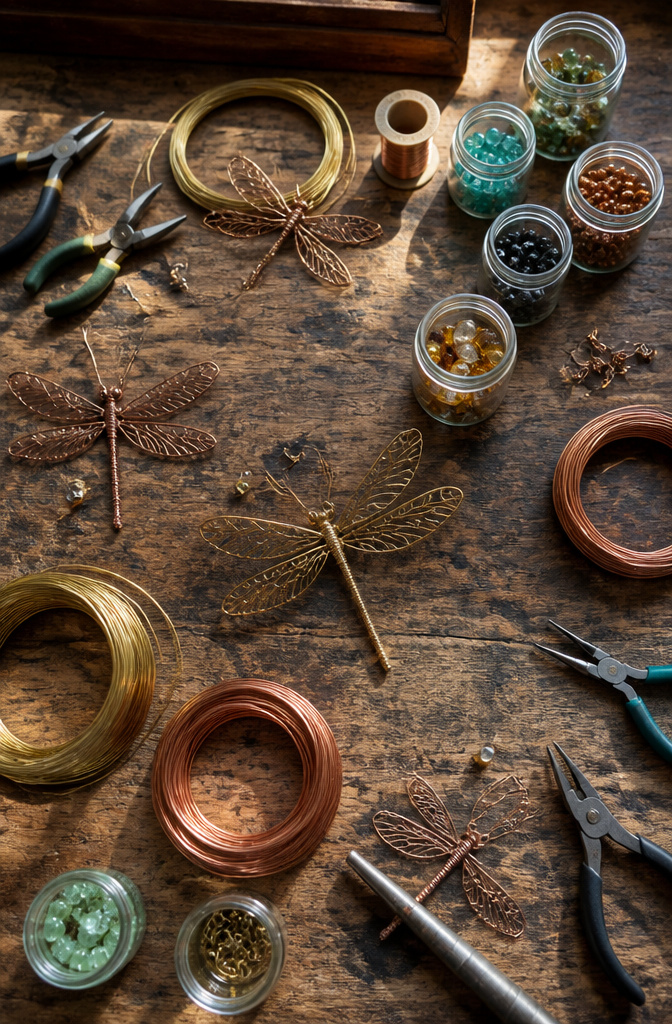 Brass rods and copper wire displayed for crafting dragonflies.