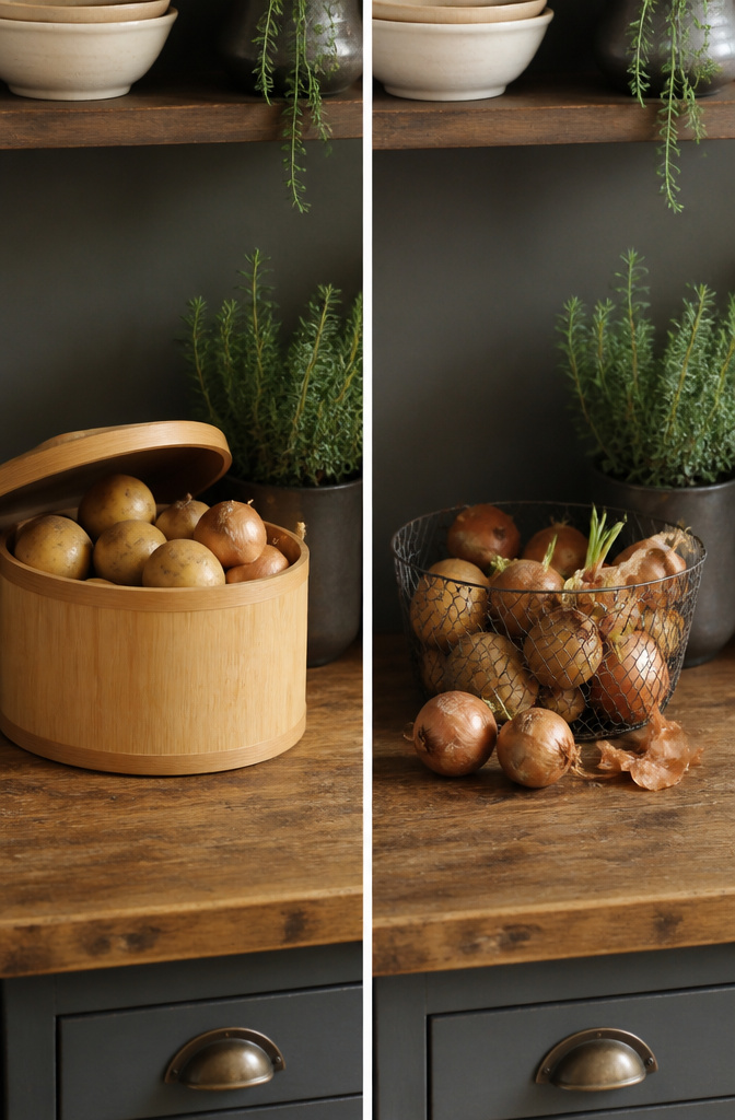 Bamboo tub and ceramic crock used for storing onions and potatoes.