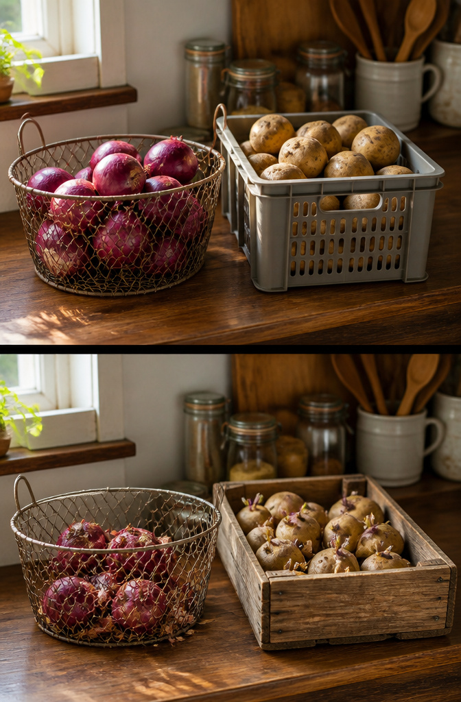 Two baskets for onions and potatoes, emphasizing separation.