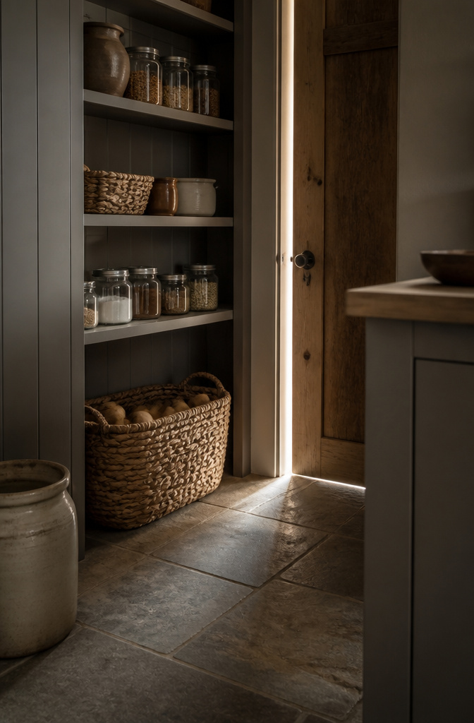 Dark pantry shelf where potatoes are stored away from light.