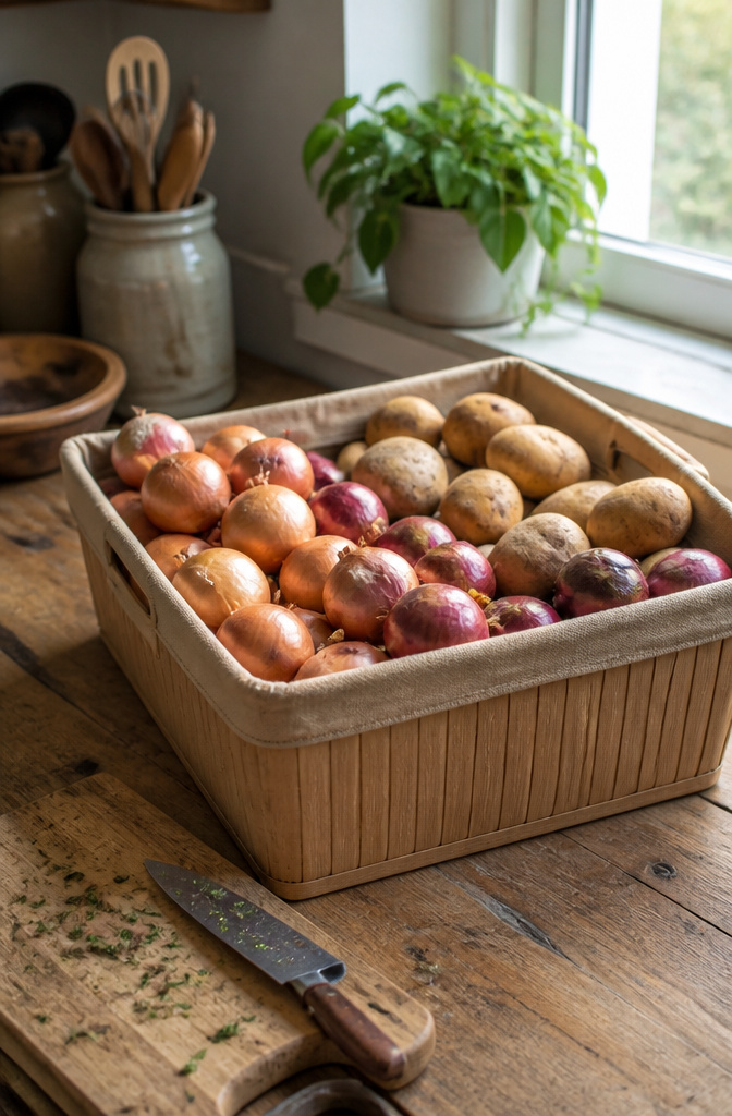 Bin with potatoes and onions on a rustic kitchen table.