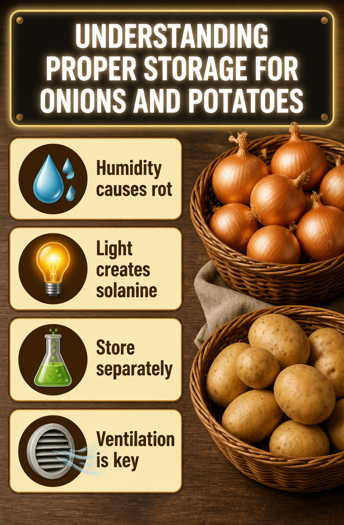 Information image about proper storage for onions and potatoes.