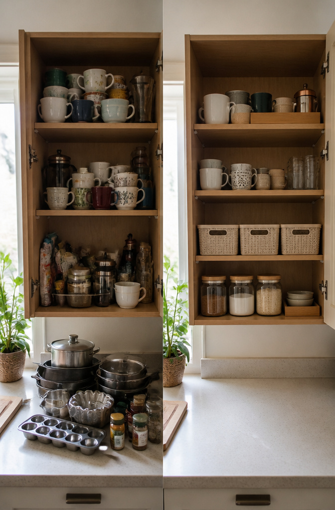 A cluttered cabinet filled with mugs and old glassware.