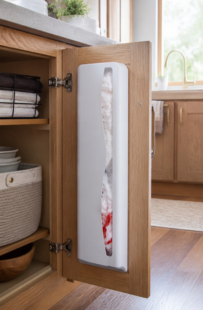 A grocery bag dispenser mounted inside a cabinet door.