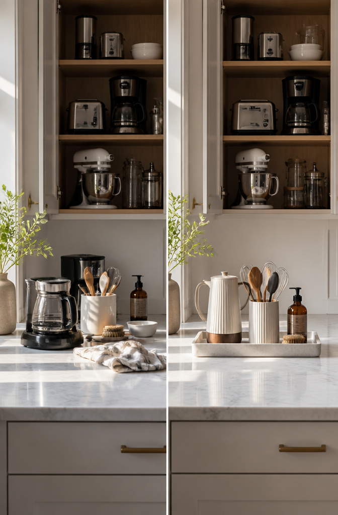 A clean kitchen countertop with limited items and a tray.