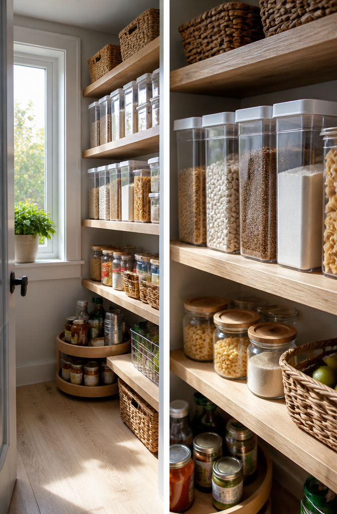 A pantry filled with clear containers and organized items.