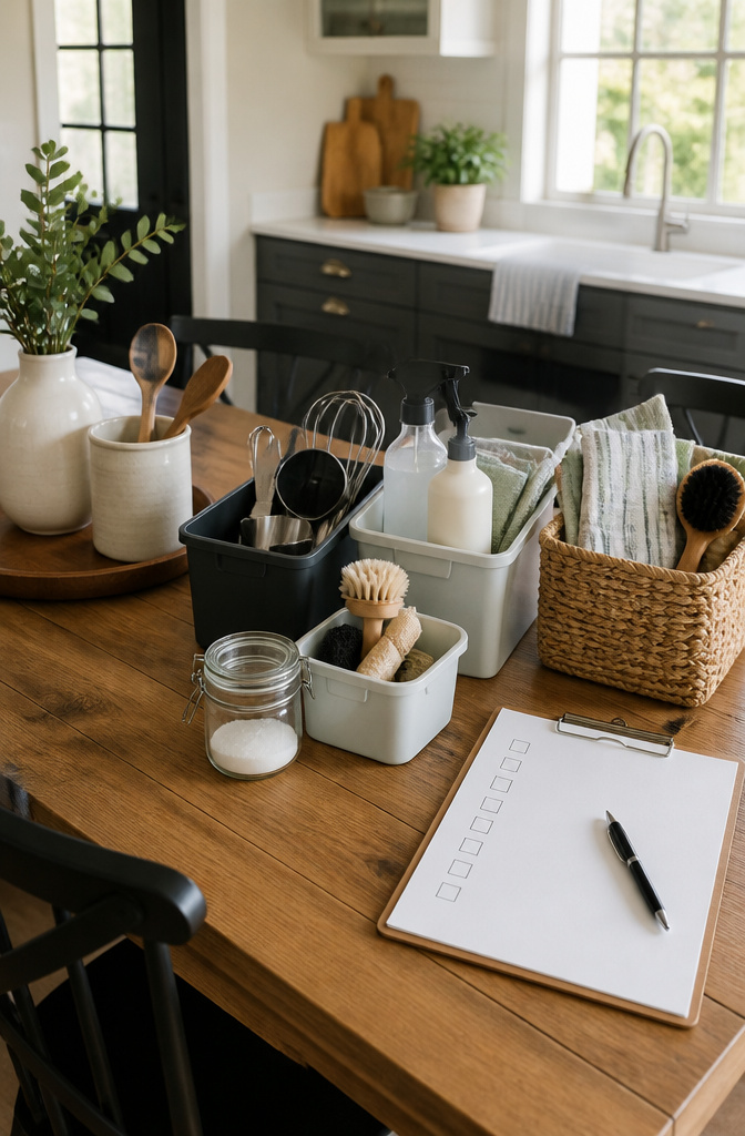 An organized kitchen table with bins and a maintenance checklist.