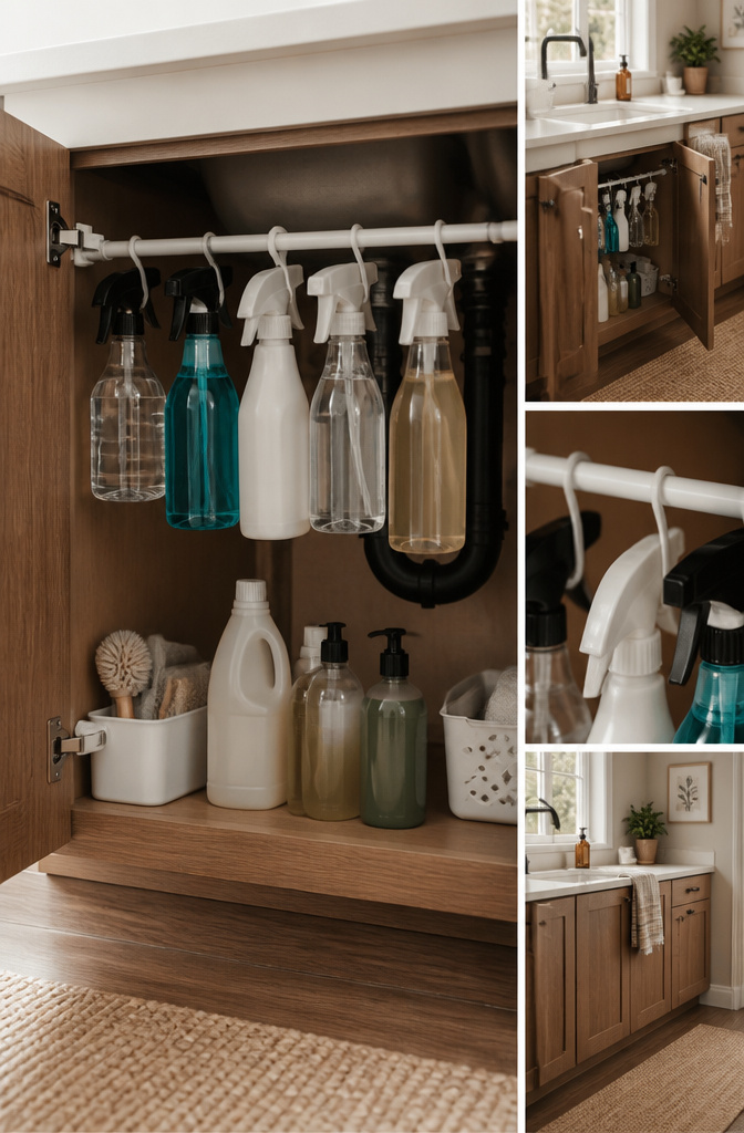 Tension rods under the sink holding cleaning sprays.